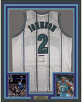 Framed Autographed/Signed Larry Johnson 35x39 Charlotte White Basketball Jersey PSA/DNA COA