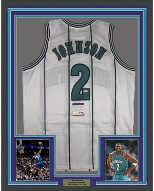 Framed Autographed/Signed Larry Johnson 35x39 Charlotte White Basketball Jersey PSA/DNA COA