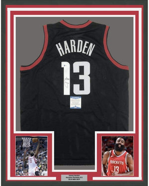 Framed Autographed/Signed James Harden 35x39 Houston Black Basketball Jersey Beckett BAS COA