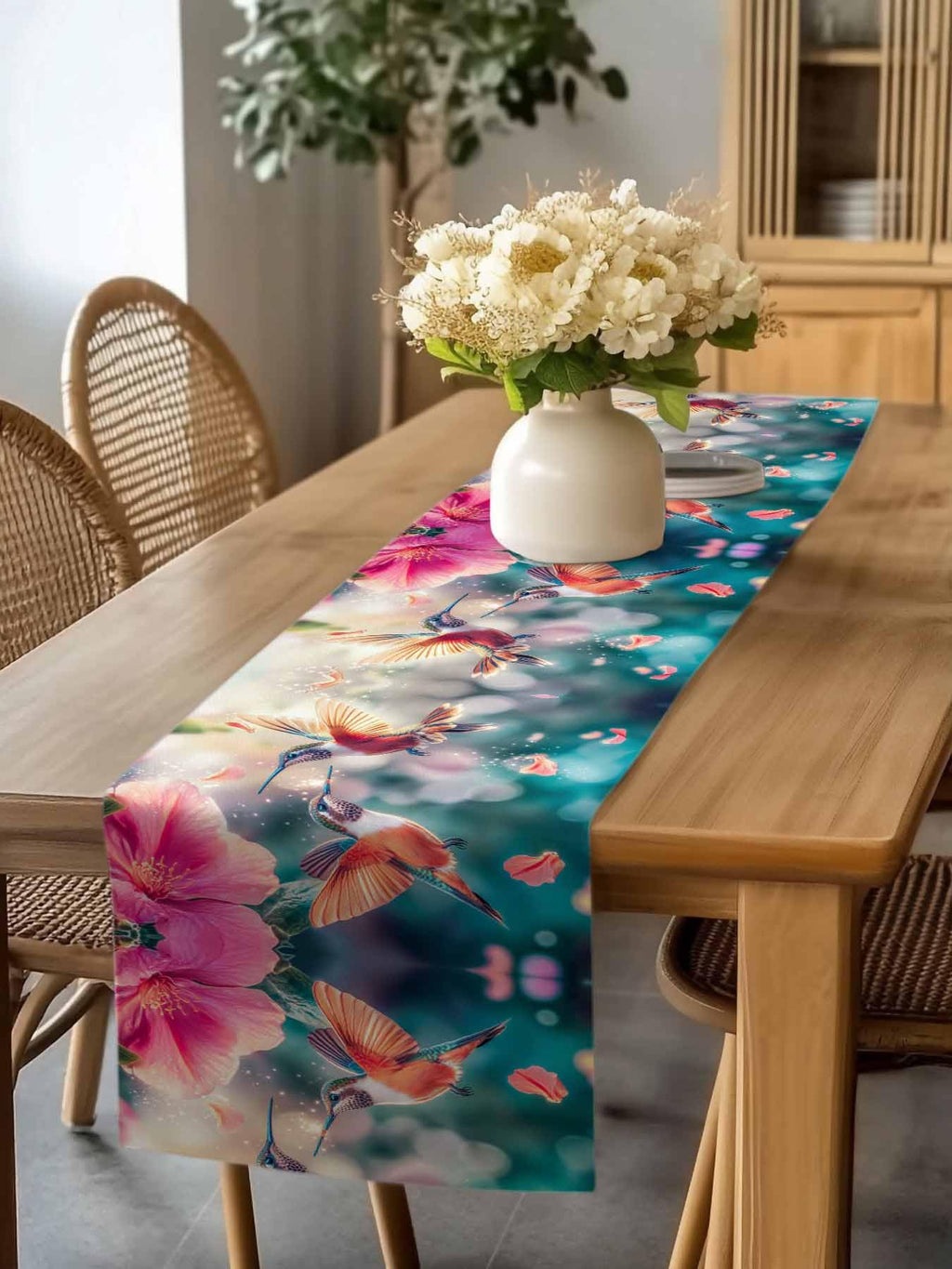 Perdecor Spring Hummingbird Pink Petals Table Runner 13x70in Cotton Linen