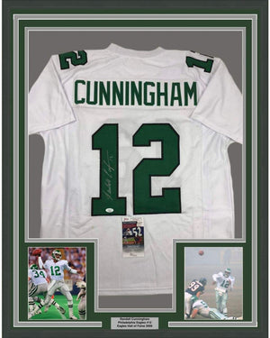 Framed Autographed/Signed Randall Cunningham 35x39 Philadelphia White Football Jersey JSA COA