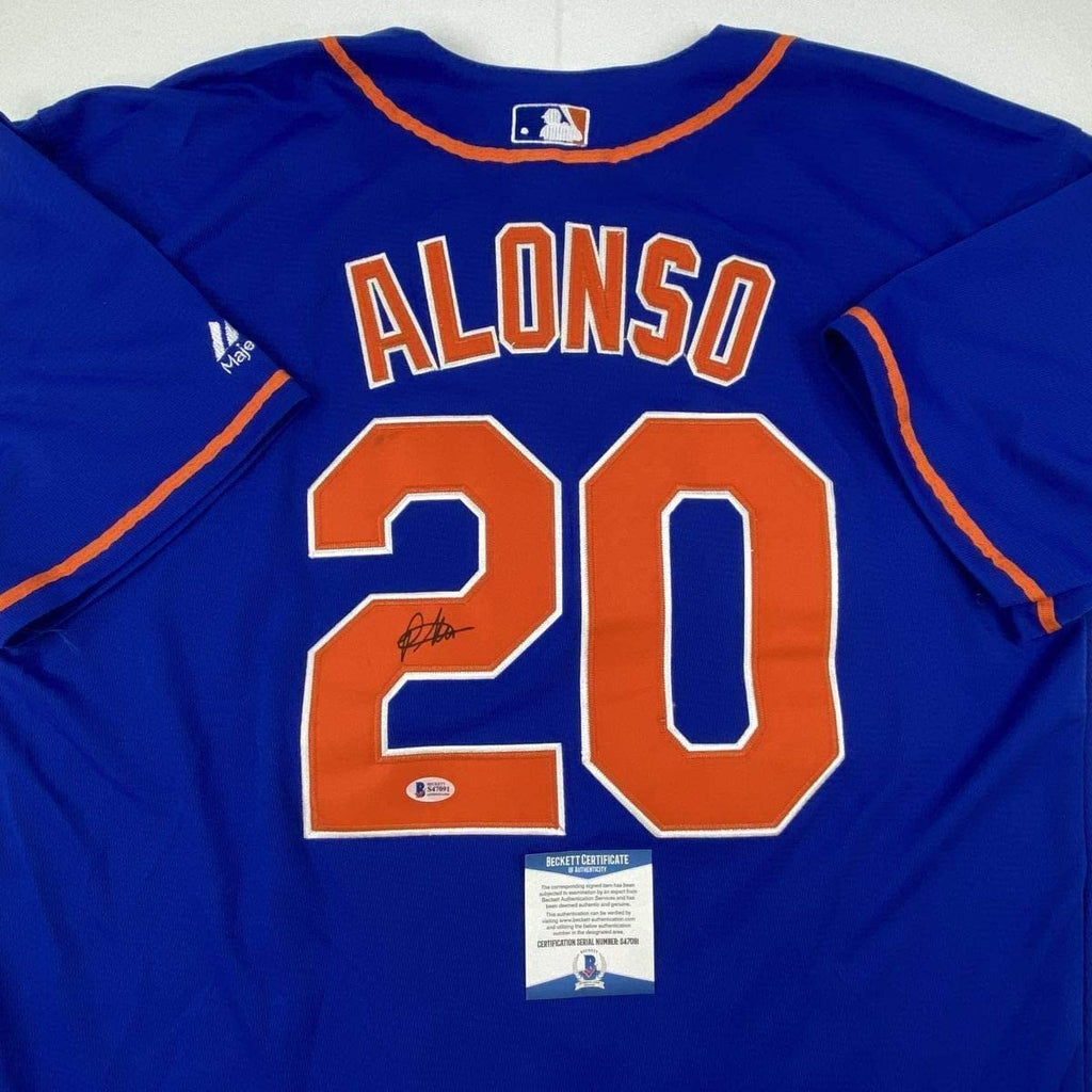 Framed Autographed/Signed Pete Alonso 35x39 New York Blue Baseball Jersey Beckett BAS COA