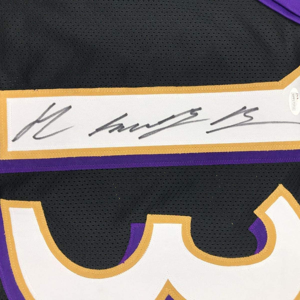 Framed Autographed/Signed John Brown 35x39 Baltimore Black Football Jersey JSA COA