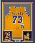 Framed Autographed/Signed Dennis Rodman 35x39 Los Angeles LA Yellow Basketball Jersey JSA COA