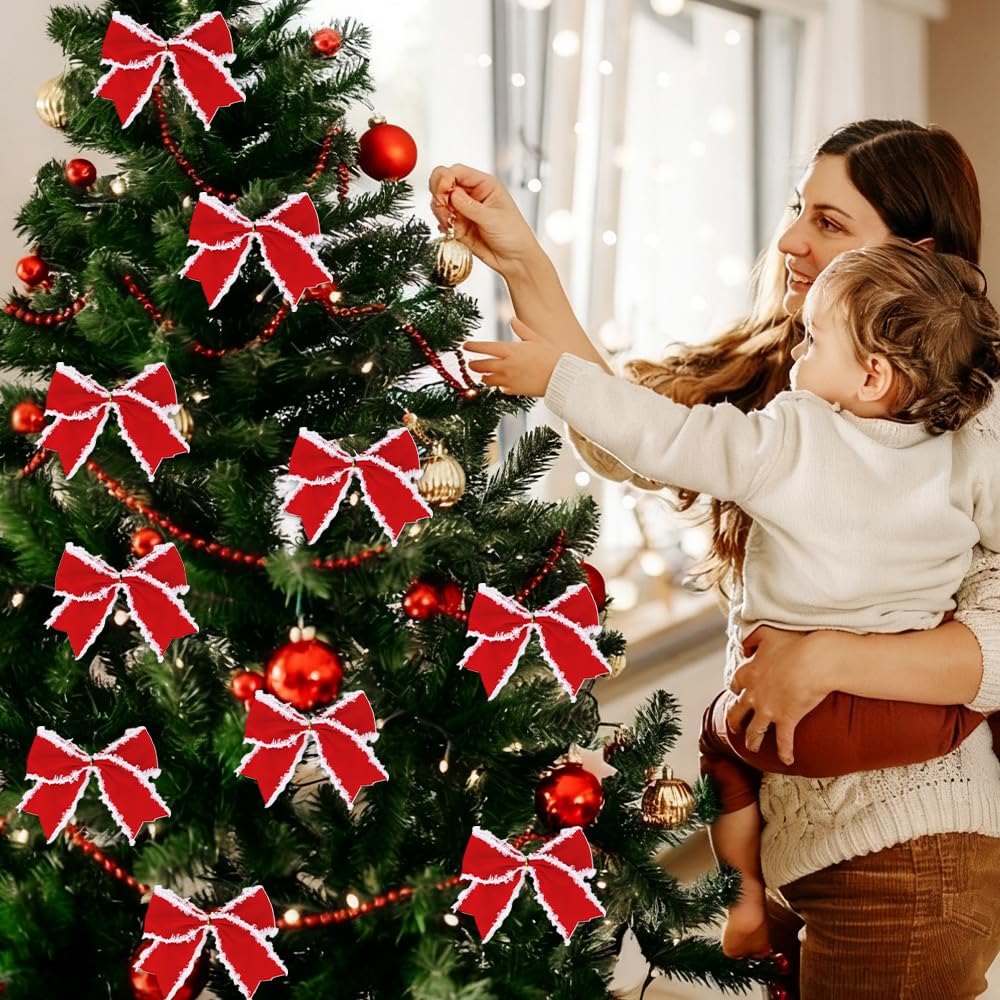 12 PCS Red Christmas Bows, 6 Inch Large Wreaths Bows for Christmas Tree Gift Wrapping Garland Xmas Tree Bow Ribbon Ornaments for Christmas Decoration Holiday Basket Christmas New Year Party Decor