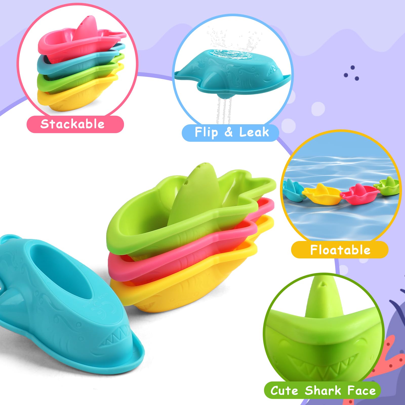 Fajiabao Toddler Bath Toys 6 PCS Colorful Stacking Boat Water Table