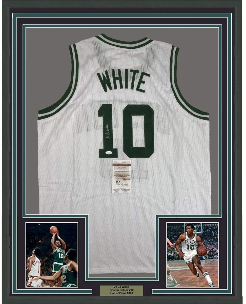 Framed Autographed/Signed Jo Jo JoJo White 35x39 Boston White Basketball Jersey JSA COA