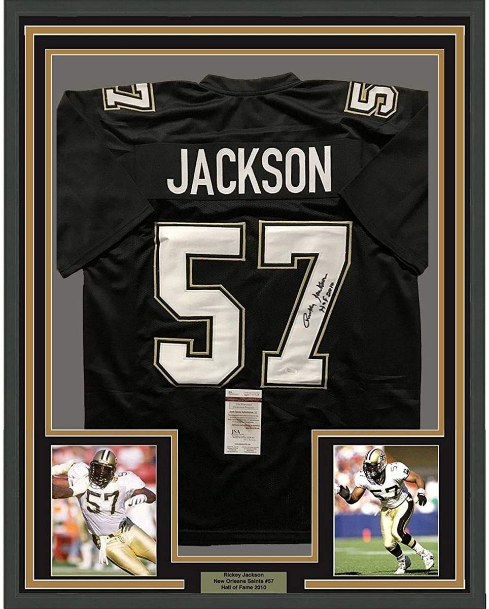 Framed Autographed/Signed Rickey Jackson 35x39 New Orleans Saints Black Football Jersey JSA COA