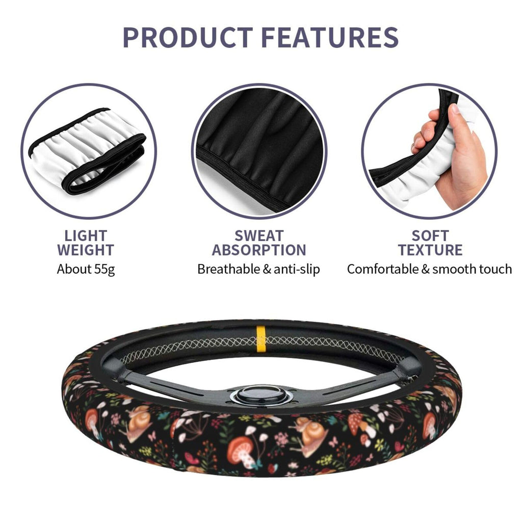 MINIOZE Mushroom Vintage Steering Wheel Cover 15 Inch Neoprene Black 1pc