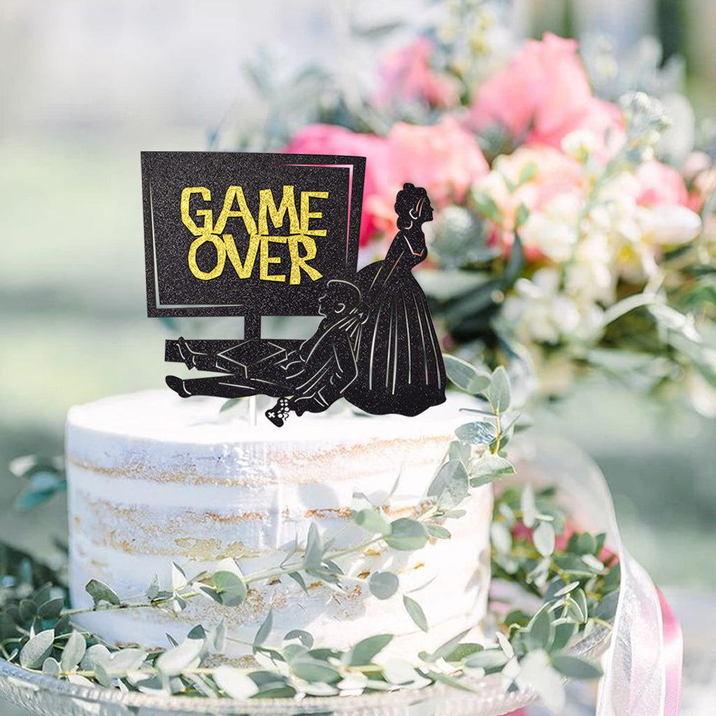 Little Man Game Over Wedding Cake Topper Double-sided Black Glitter 5.5x4.5in