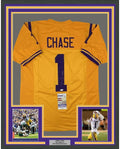 Framed Autographed/Signed Ja'Marr Chase 35x39 LSU Yellow College Football Jersey JSA COA