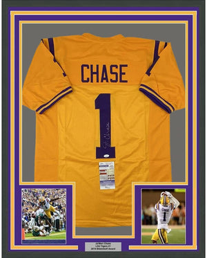 Framed Autographed/Signed Ja'Marr Chase 35x39 LSU Yellow College Football Jersey JSA COA