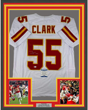 Framed Autographed/Signed Frank Clark 35x39 Kansas City White Football Jersey PSA/DNA COA