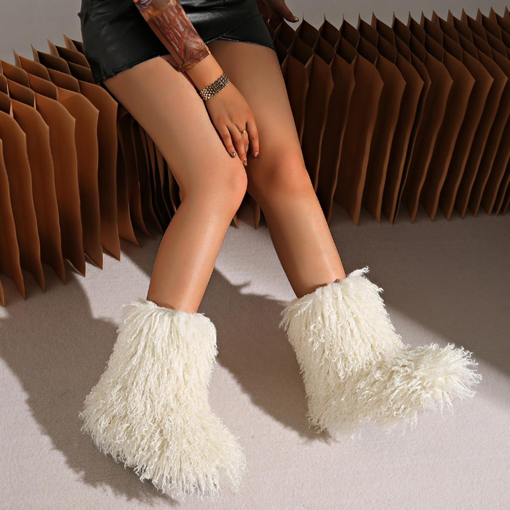 YXCFEWD Women's Faux Mongolian Fur Winter Boots, Size 12