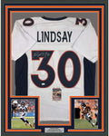Framed Autographed/Signed Phillip Lindsay 35x39 Denver White Football Jersey JSA COA