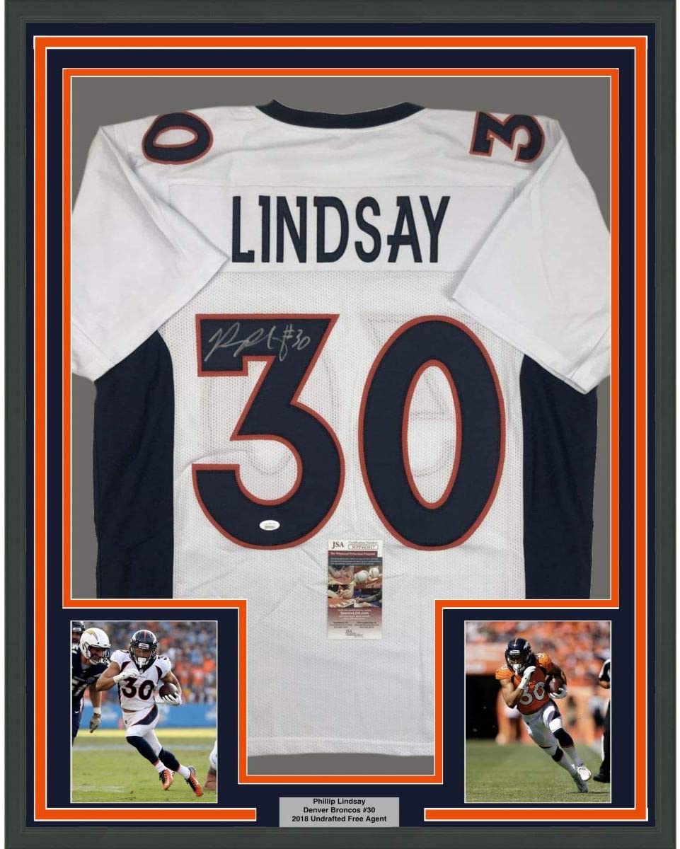 Framed Autographed/Signed Phillip Lindsay 35x39 Denver White Football Jersey JSA COA