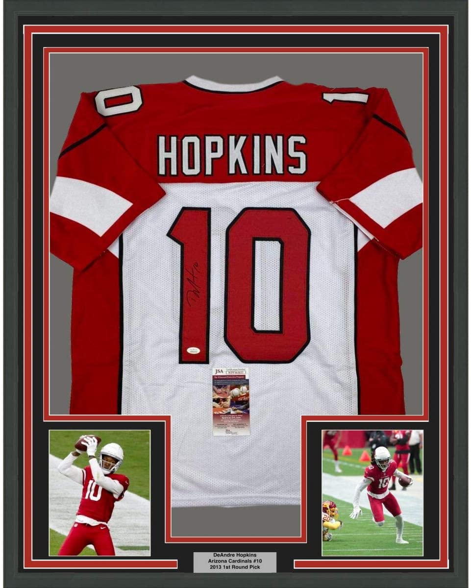 Framed Autographed/Signed DeAndre Hopkins 35x39 Arizona White Football Jersey JSA COA