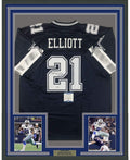 Framed Autographed/Signed Ezekiel Elliott 35x39 Dallas Cowboys Dark Blue Football Jersey Beckett BAS COA