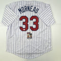 Autographed/Signed Justin Morneau Minnesota Pinstripe Baseball Jersey JSA COA