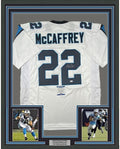Framed Autographed/Signed Christian McCaffrey 35x39 Carolina White Football Jersey Beckett BAS COA