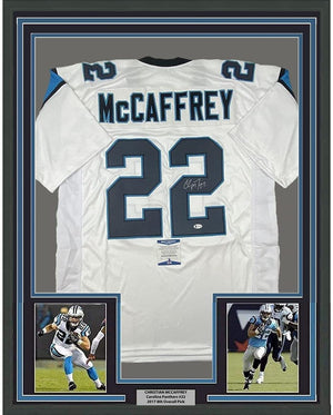 Framed Autographed/Signed Christian McCaffrey 35x39 Carolina White Football Jersey Beckett BAS COA