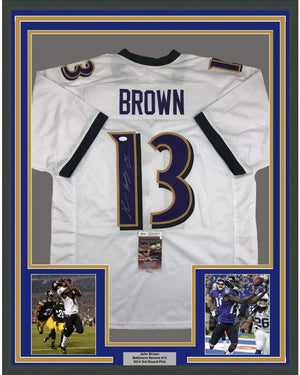 Framed Autographed/Signed John Brown 35x39 Baltimore White Football Jersey JSA COA