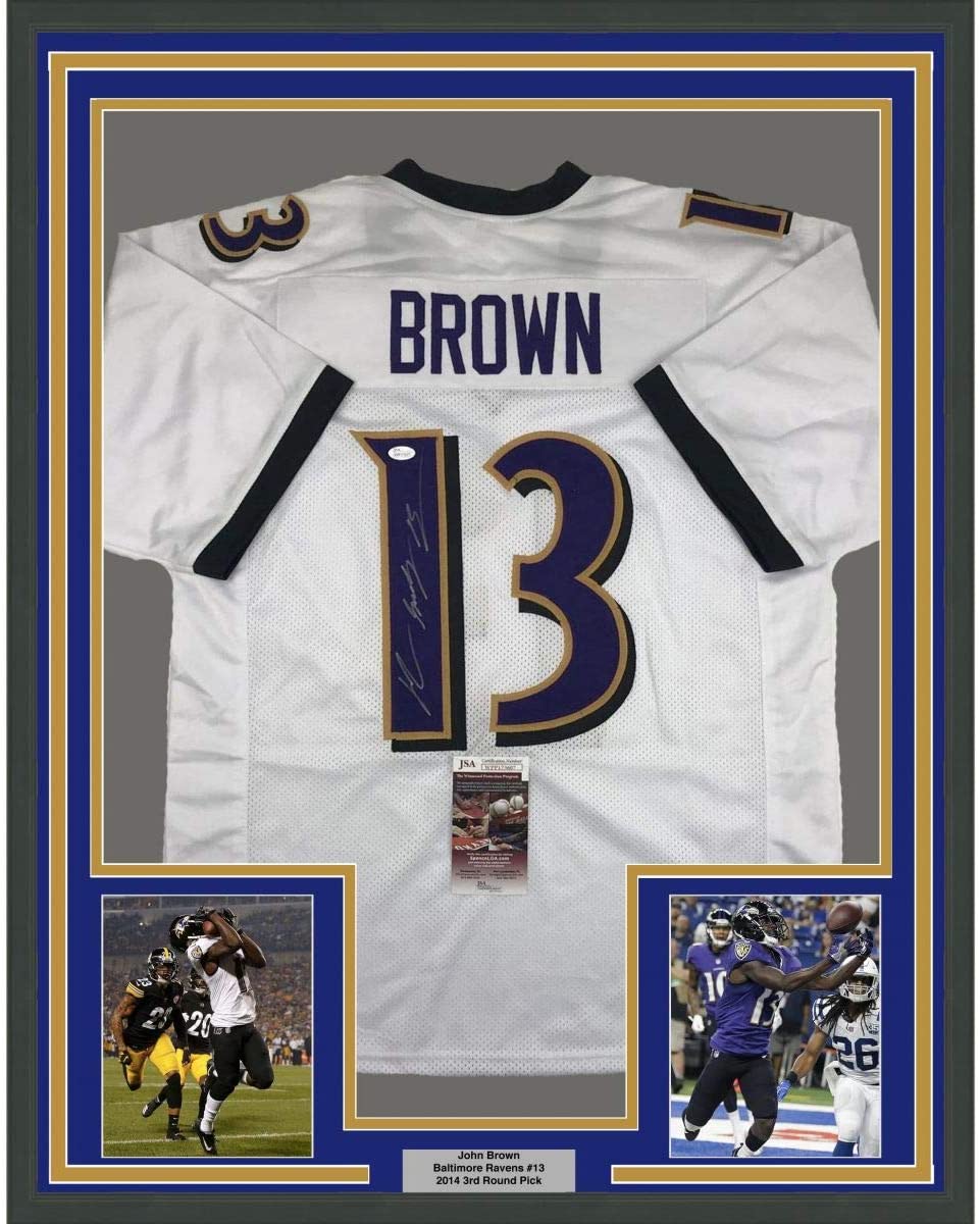Framed Autographed/Signed John Brown 35x39 Baltimore White Football Jersey JSA COA