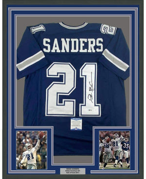 Framed Autographed/Signed Deion Sanders 35x39 Dallas Blue Football Jersey Beckett BAS COA