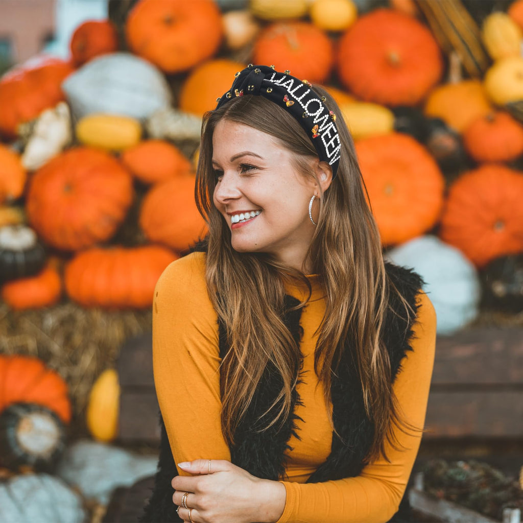 ABONDEVER Halloween Headbands Women Black Rhinestone Beaded Boo Pumpkin