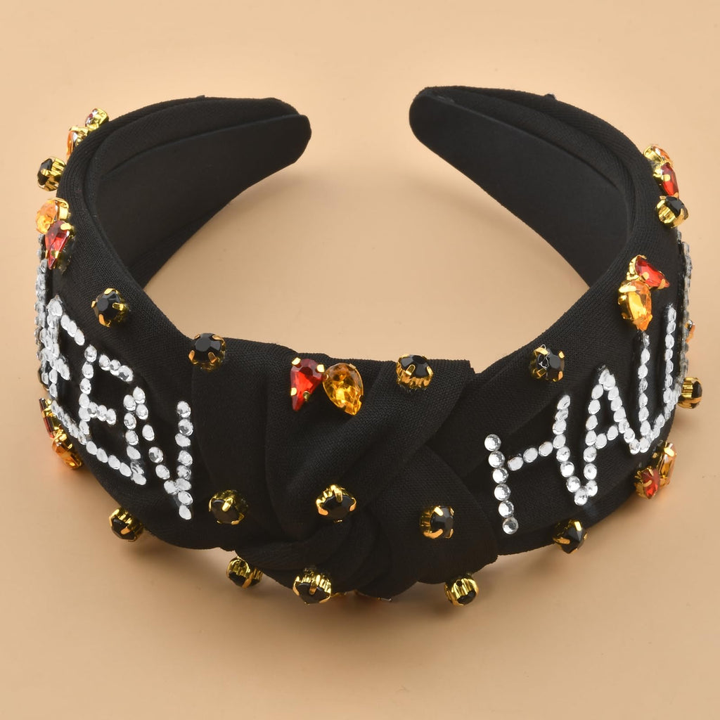 ABONDEVER Halloween Headbands Women Black Rhinestone Beaded Boo Pumpkin