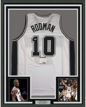 Framed Autographed/Signed Dennis Rodman 35x39 San Antonio White Basketball Jersey PSA/DNA COA