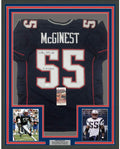 Framed Autographed/Signed Willie McGinest 3x SB Champ 35x39 New England Blue Football Jersey JSA COA