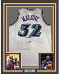 Framed Autographed/Signed Karl Malone 35x39 Utah White Basketball Jersey PSA/DNA COA