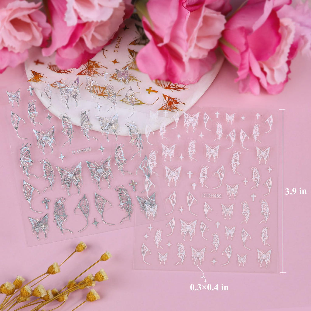 Kikonoke 12 Sheets Laser Butterfly Nail Stickers White Silver Gold 3D Decals