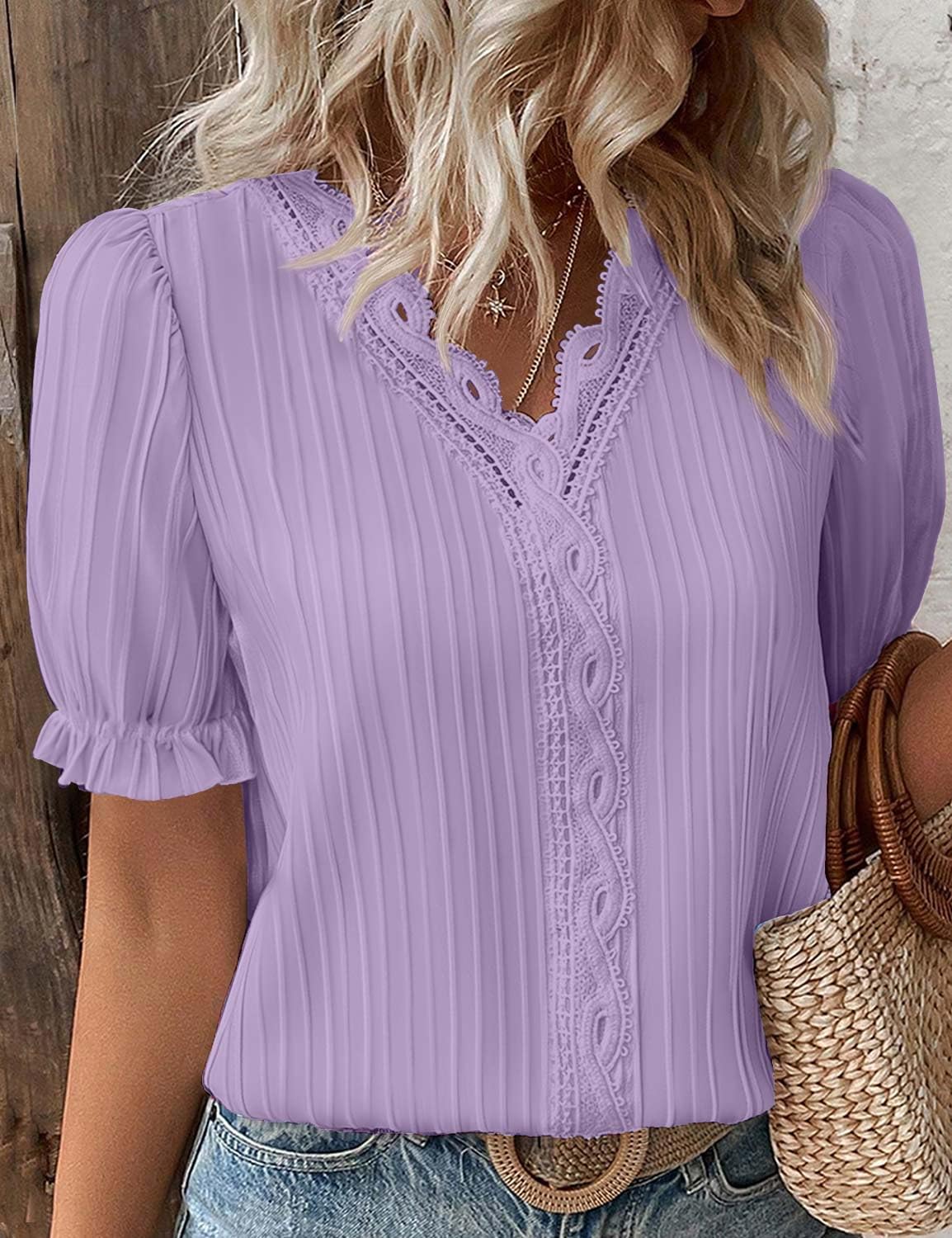 JUSTFASHIONNOW Summer Lace V Neck Short Sleeve Blouse Green Size M