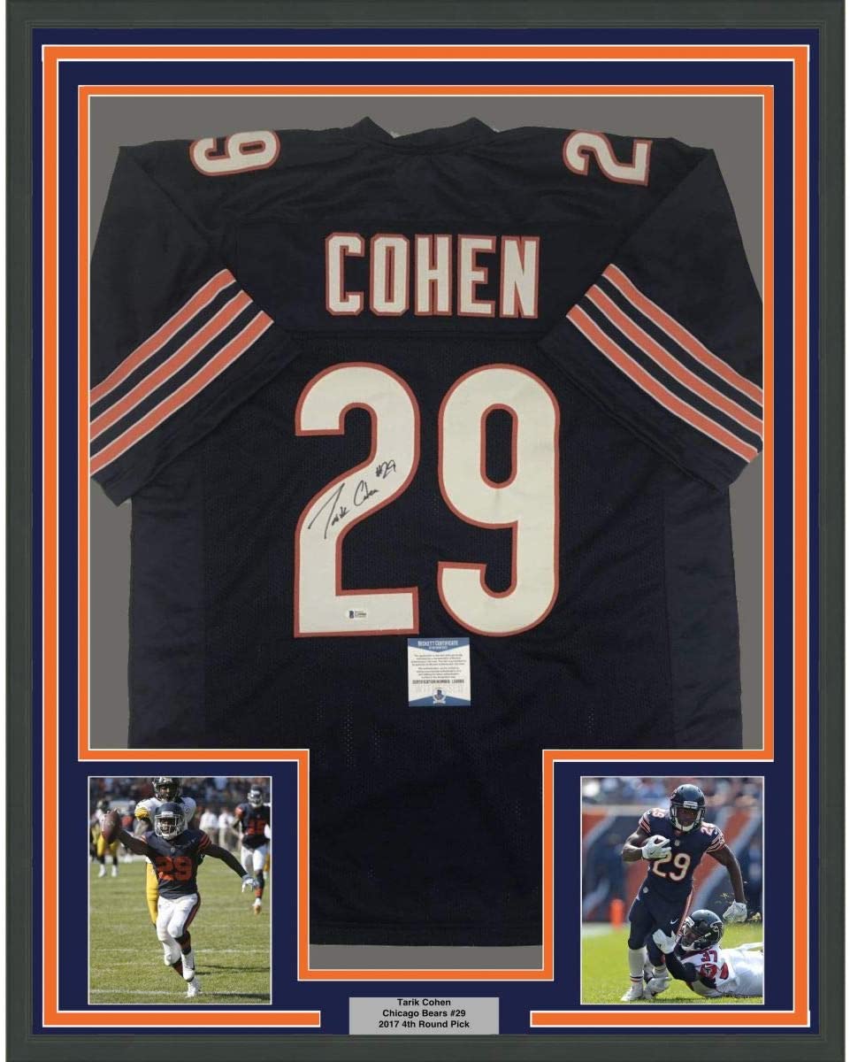 Framed Autographed/Signed Tarik Cohen 35x39 Chicago Blue Football Jersey Beckett BAS COA