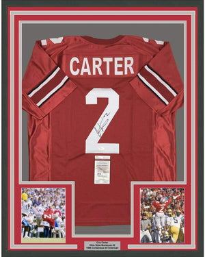 Framed Autographed/Signed Cris Carter 35x39 Ohio State Red College Football Jersey JSA COA