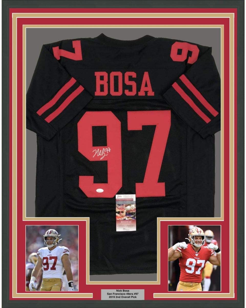 Framed Autographed/Signed Nick Bosa 35x39 San Francisco Black Football Jersey JSA COA