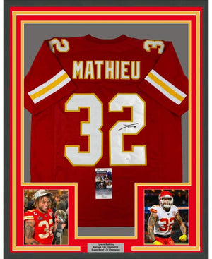 Framed Autographed/Signed Tyrann Mathieu 35x39 Kansas City Red Football Jersey JSA COA