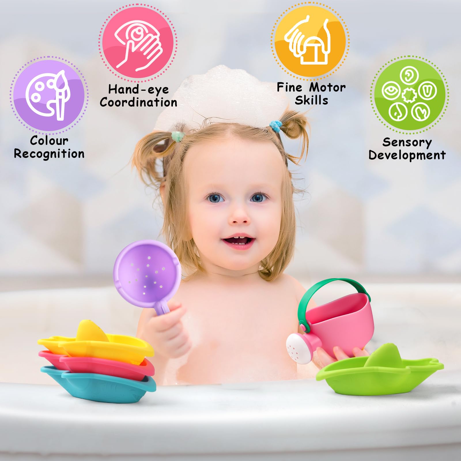 Fajiabao Toddler Bath Toys 6 PCS Colorful Stacking Boat Water Table