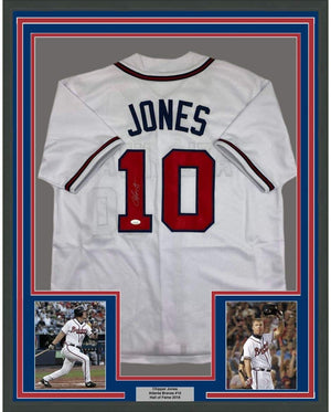Framed Autographed/Signed Chipper Jones 35x39 Atlanta White Baseball Jersey JSA COA