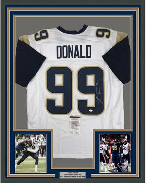 Framed Autographed/Signed Aaron Donald 35x39 Los Angeles LA White Football Jersey JSA COA