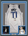 Framed Autographed/Signed Luka Doncic 35x39 Dallas White Basketball Jersey PSA/DNA COA