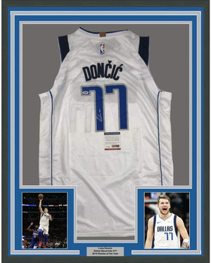 Framed Autographed/Signed Luka Doncic 35x39 Dallas White Basketball Jersey PSA/DNA COA