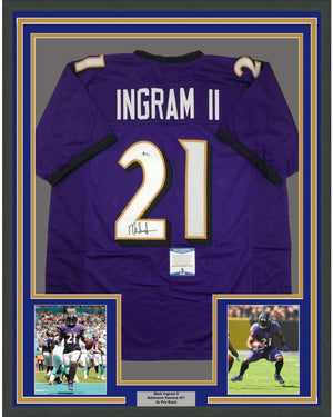 Framed Autographed/Signed Mark Ingram II 35x39 Baltimore Purple Football Jersey Beckett BAS COA