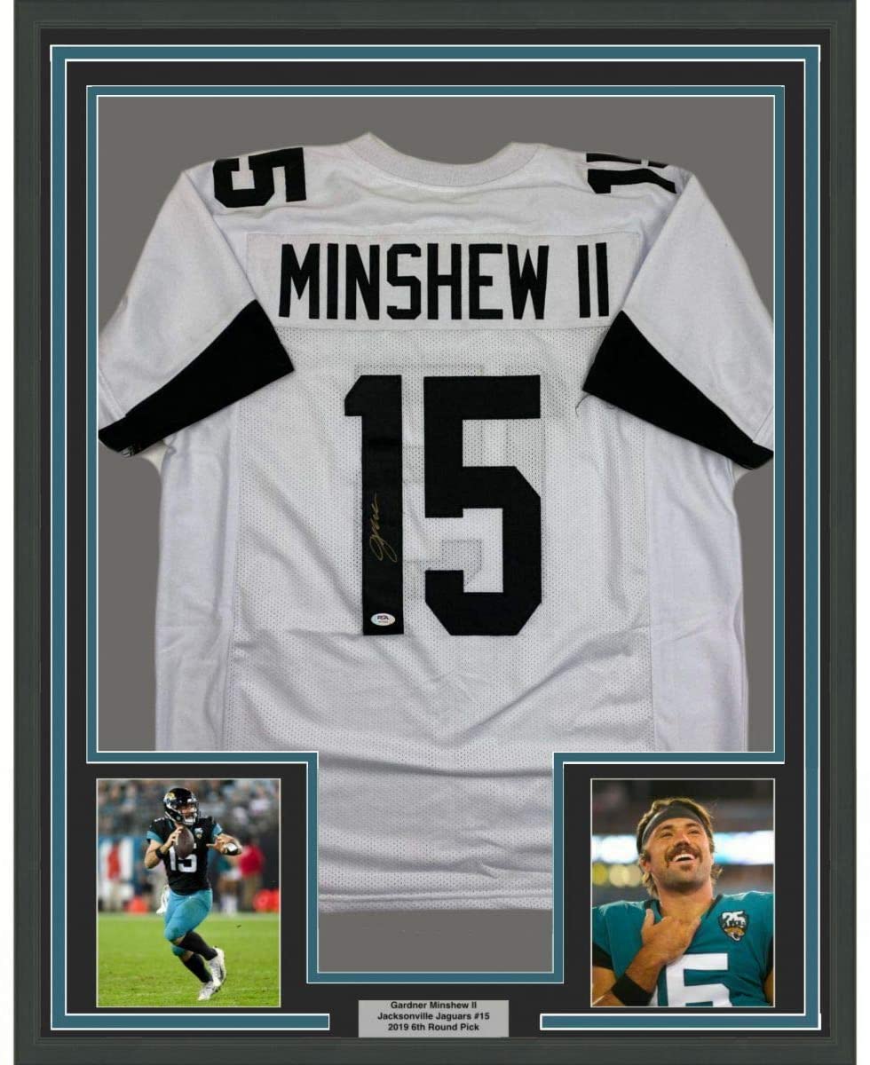 Framed Autographed/Signed Gardner Minshew II 35x39 Jacksonville White Football Jersey PSA/DNA COA