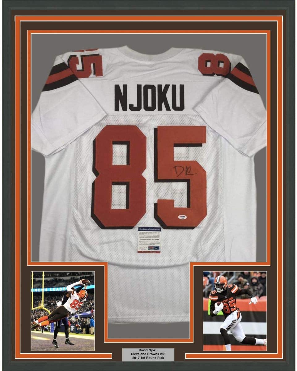 Framed Autographed/Signed David Njoku 35x39 Cleveland White Football Jersey PSA/DNA COA