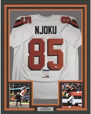 Framed Autographed/Signed David Njoku 35x39 Cleveland White Football Jersey PSA/DNA COA