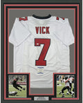 Framed Autographed/Signed Michael Mike Vick 35x39 Atlanta Retro White Football Jersey Beckett BAS COA