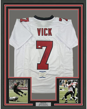Framed Autographed/Signed Michael Mike Vick 35x39 Atlanta Retro White Football Jersey Beckett BAS COA